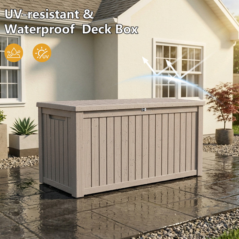 230 gallon light brown outdoor storage deck box with waterproof resin construction on patio