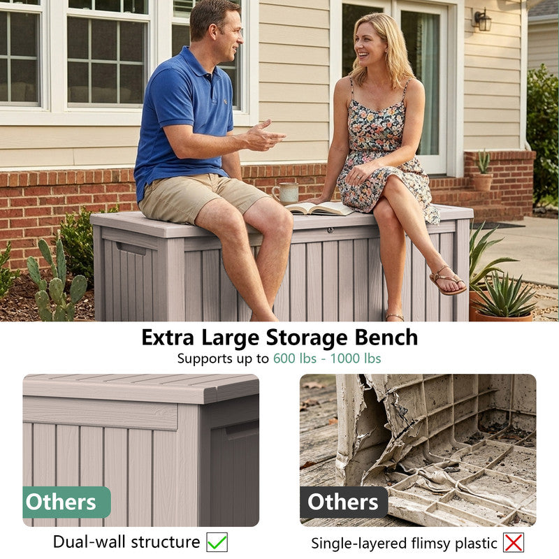 large 230 gallon light brown deck storage box used as outdoor bench on patio