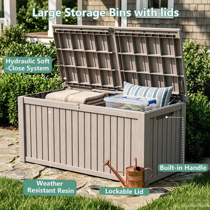 230 gallon light brown outdoor storage container with open lid for cushions, tools and patio accessories