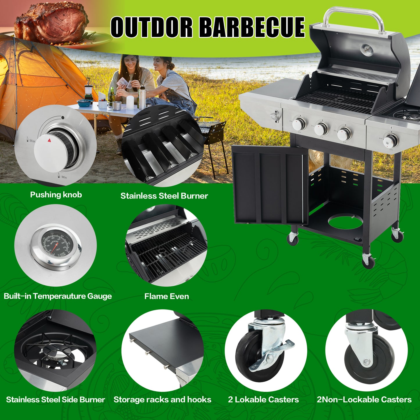 Gas Grill, 4 Burner/Silver BBQ Propane Gas Grill