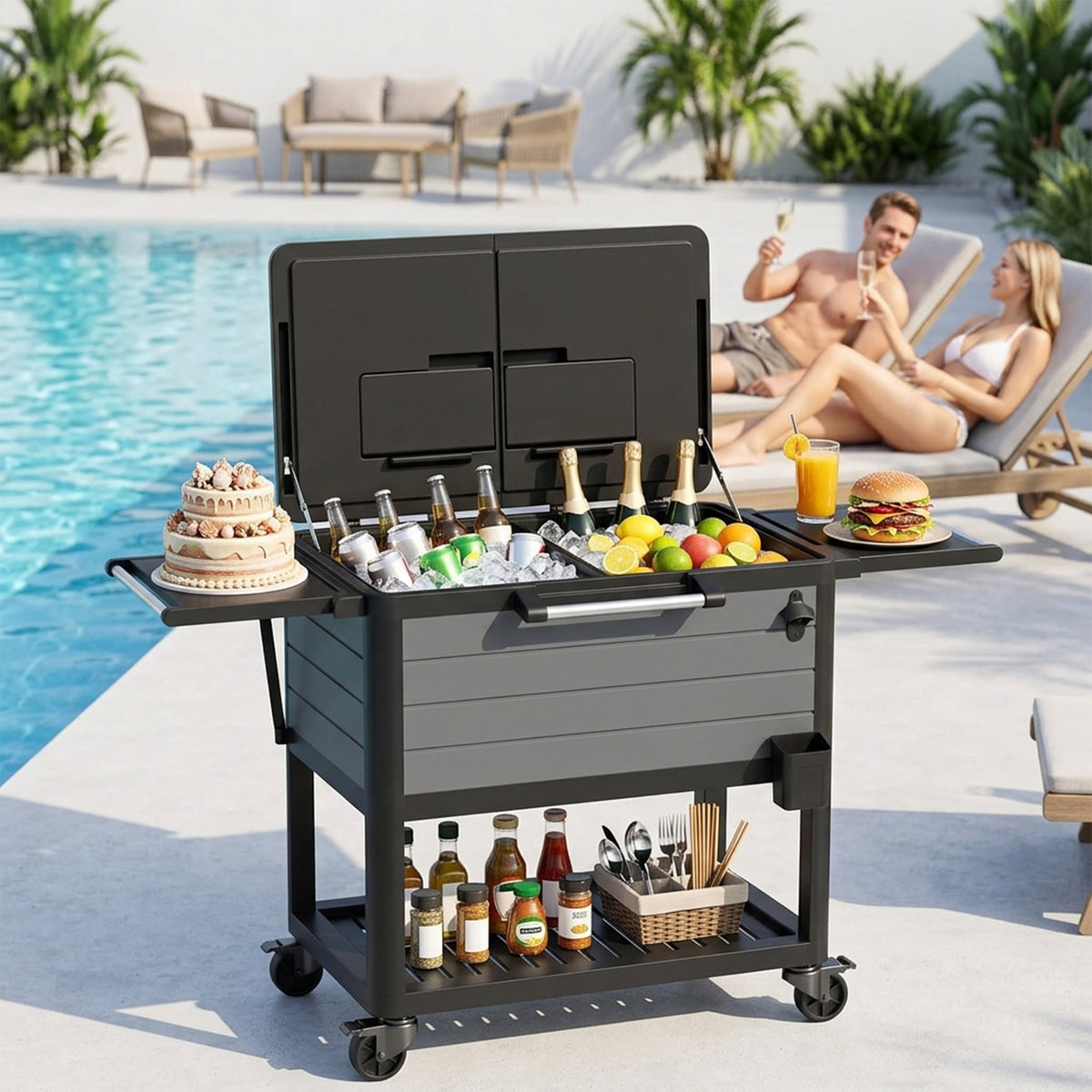 Gray outdoor cooler cart beside a pool with chilled beverages and foldable serving shelves