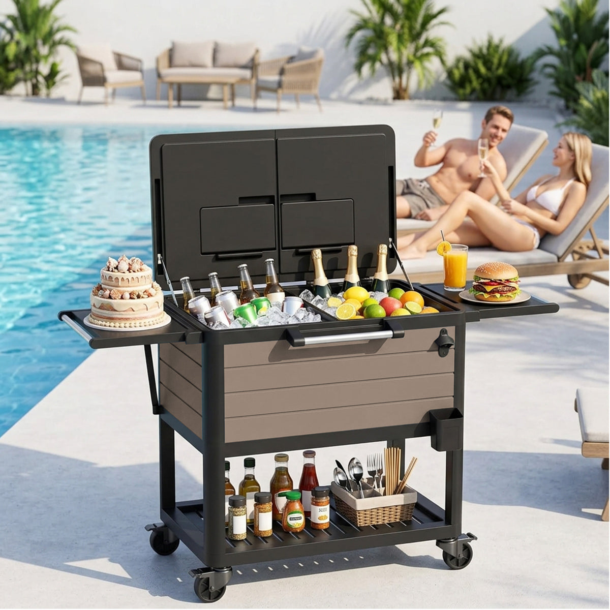 Rolling ice chest cooler cart placed beside a pool with chilled drinks and serving space for outdoor gatherings