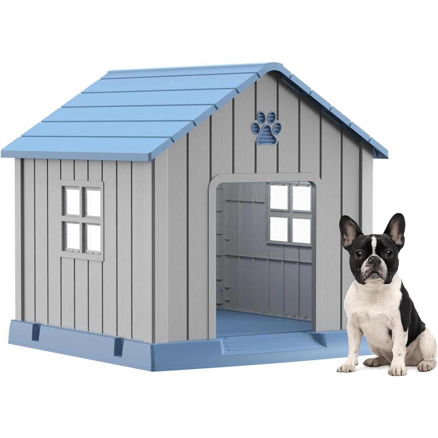 Yardgrace Indoor Outdoor Waterproof Dog House,PP Material,Puppy Shelter with Air Vents and Elevated Floor,Sturdy Dog Kennel for Small to Large Sized Dogs, Easy to Assemble (Blue, 38.62×36.26×38.07 Inches)