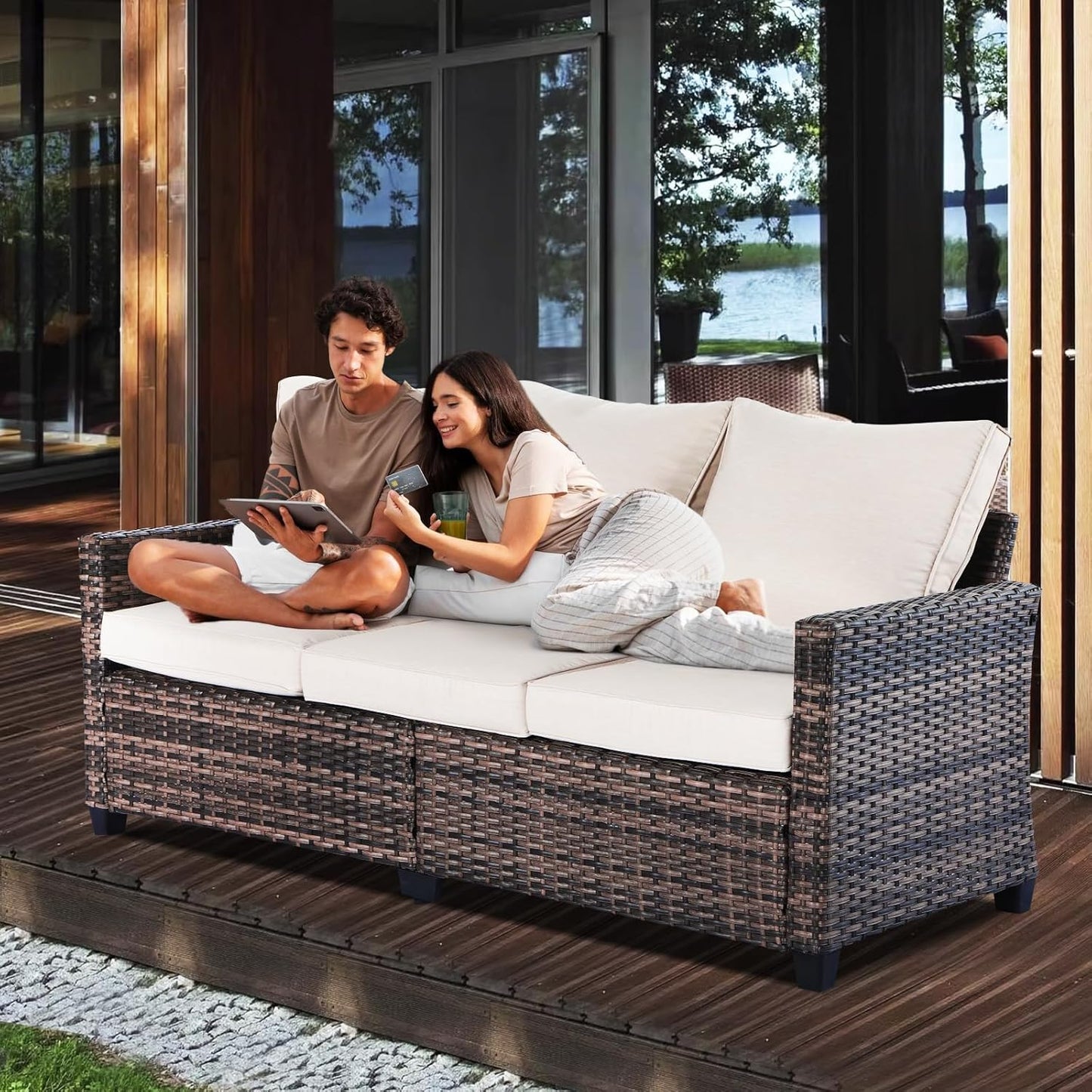 【Flash Sale】Yardgrace 3 Seats Outdoor Patio Furniture Set, Patio Sofa with High Curvy Back, All Weather Wicker Patio Couch, Premium Outdoor Sofa with Brown Wicker and Thick Cushions for Garden, Backyard, Porch