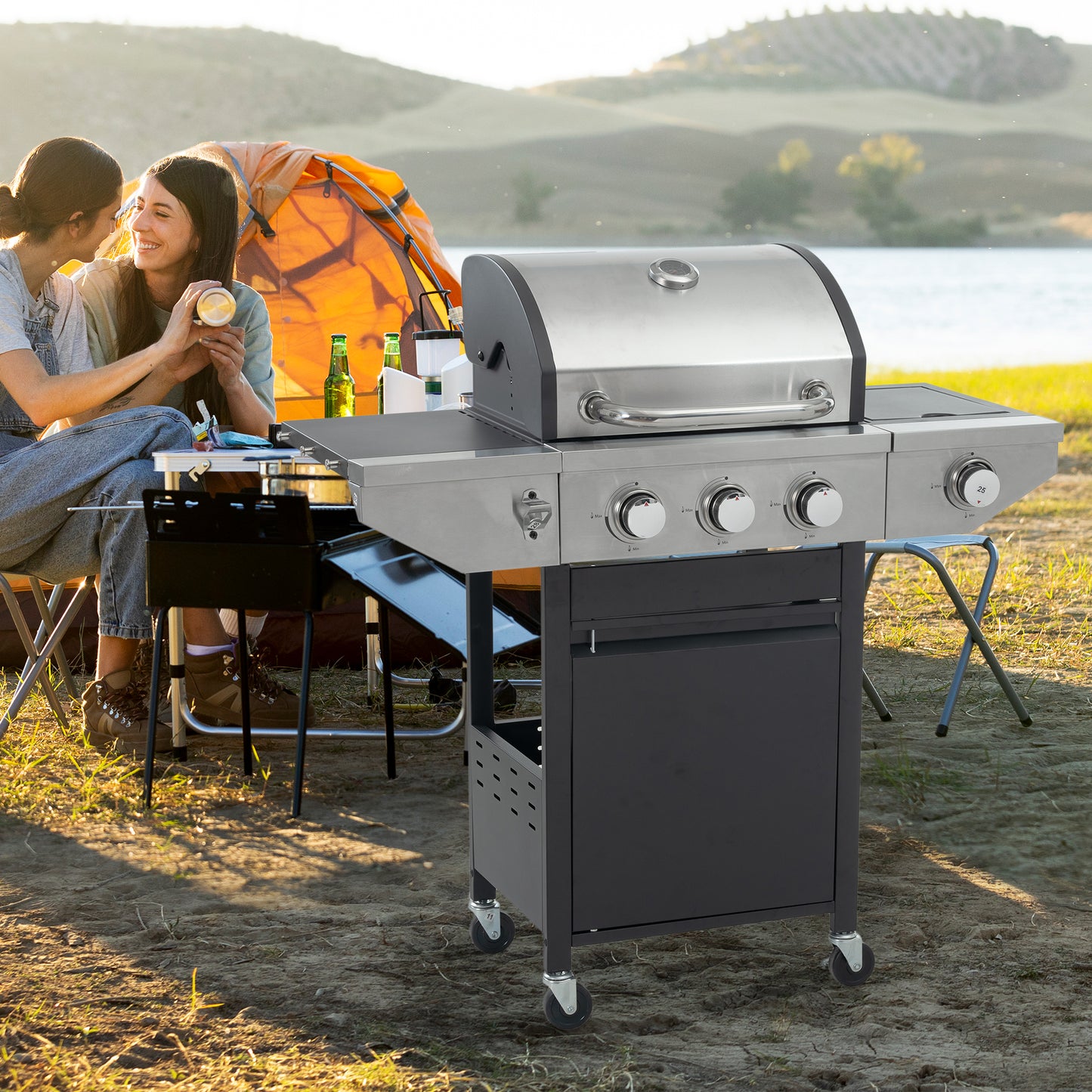 Gas Grill, 4 Burner/Silver BBQ Propane Gas Grill