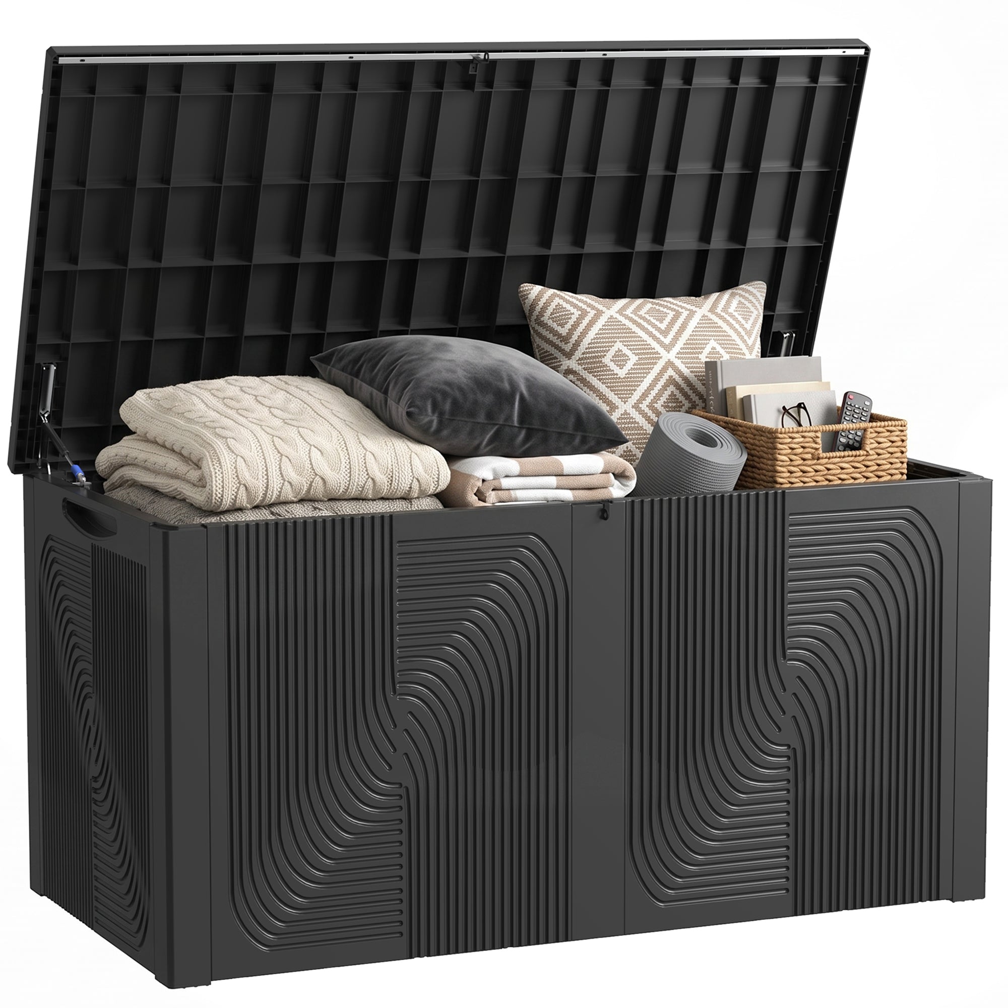 Extra large black resin deck box with open lid showing storage space for patio cushions, pillows and blankets.