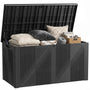 Extra large black resin deck box with open lid showing storage space for patio cushions, pillows and blankets.