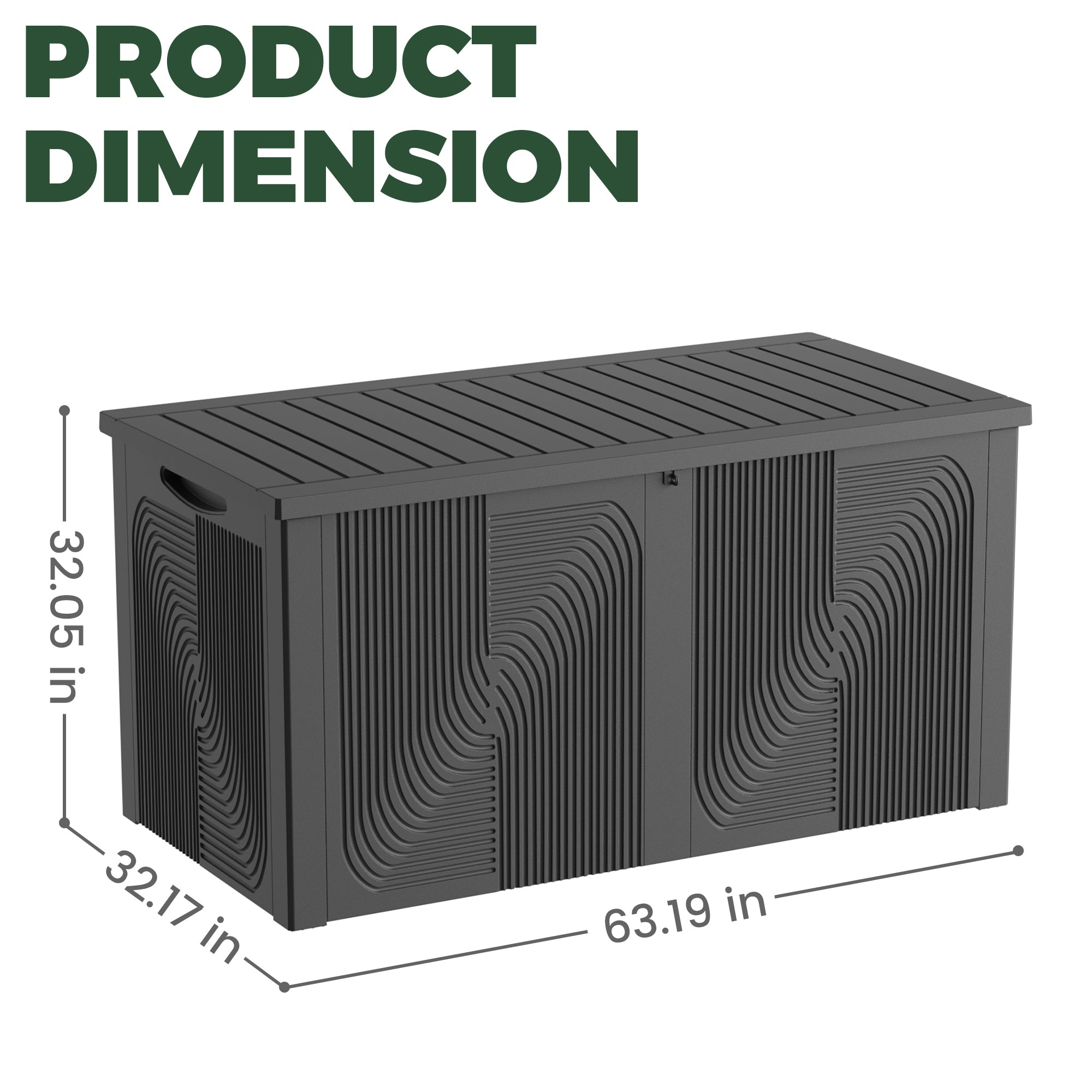 Product dimension diagram of a black 260 gallon outdoor storage box showing its length, width and height.