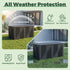 Black resin outdoor deck box highlighting waterproof, UV-resistant and weather protection features.