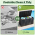 Before and after poolside organization with a large black deck box storing pool toys and towels.