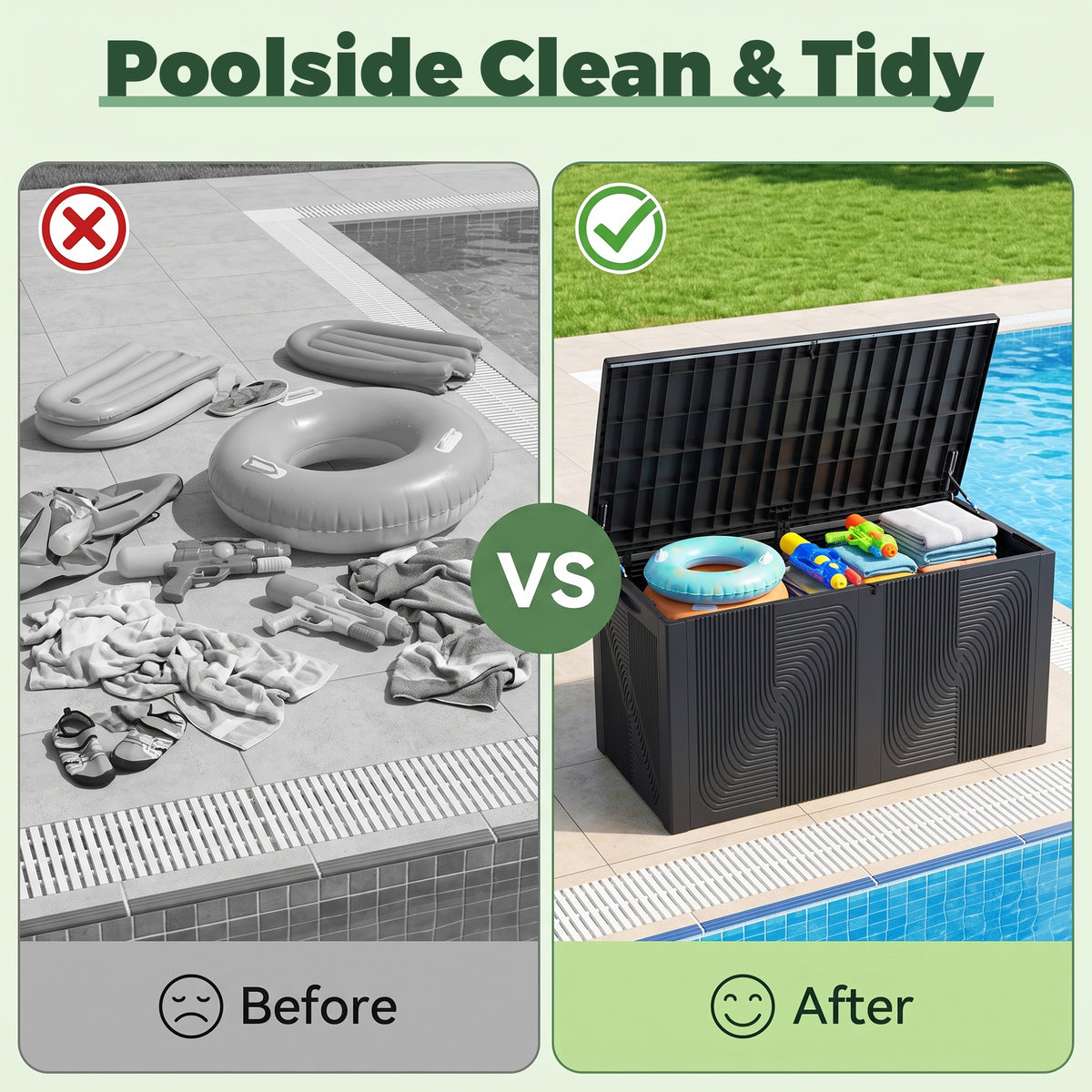 Before and after poolside organization with a large black deck box storing pool toys and towels.