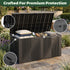 Black 260 gallon outdoor storage box showing lid support mechanisms, lock-ready closure and side handle details.