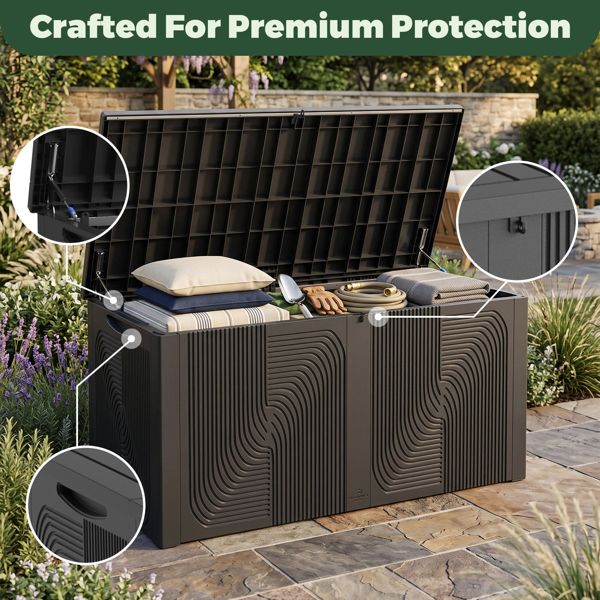Black 260 gallon outdoor storage box showing lid support mechanisms, lock-ready closure and side handle details.
