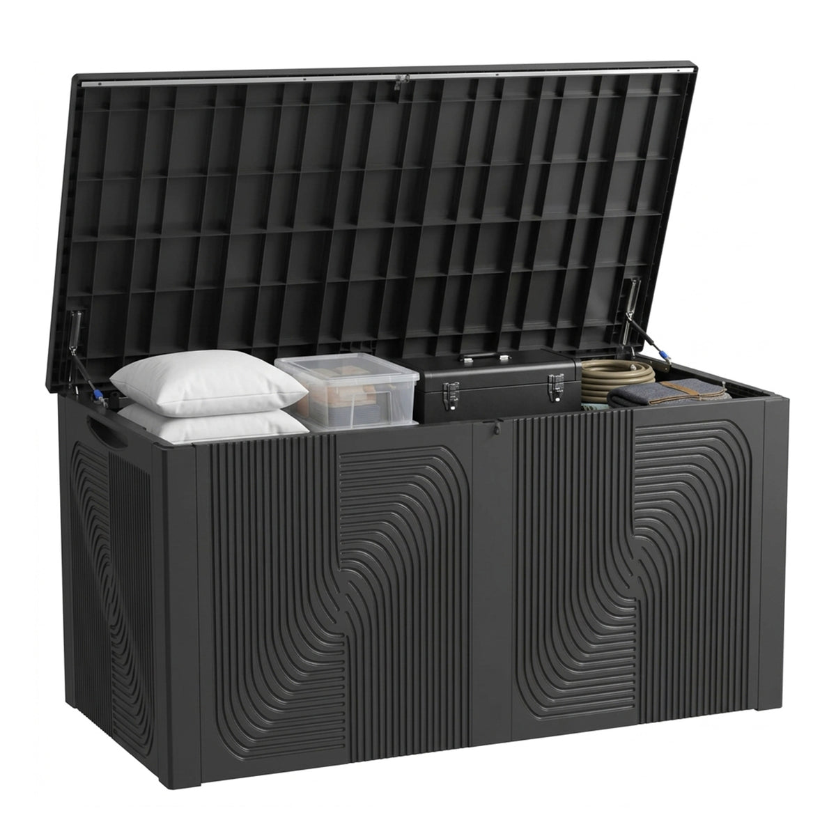 Extra large 260 gallon black resin deck box with open lid storing outdoor pillows, toolboxes, garden hoses and accessories.