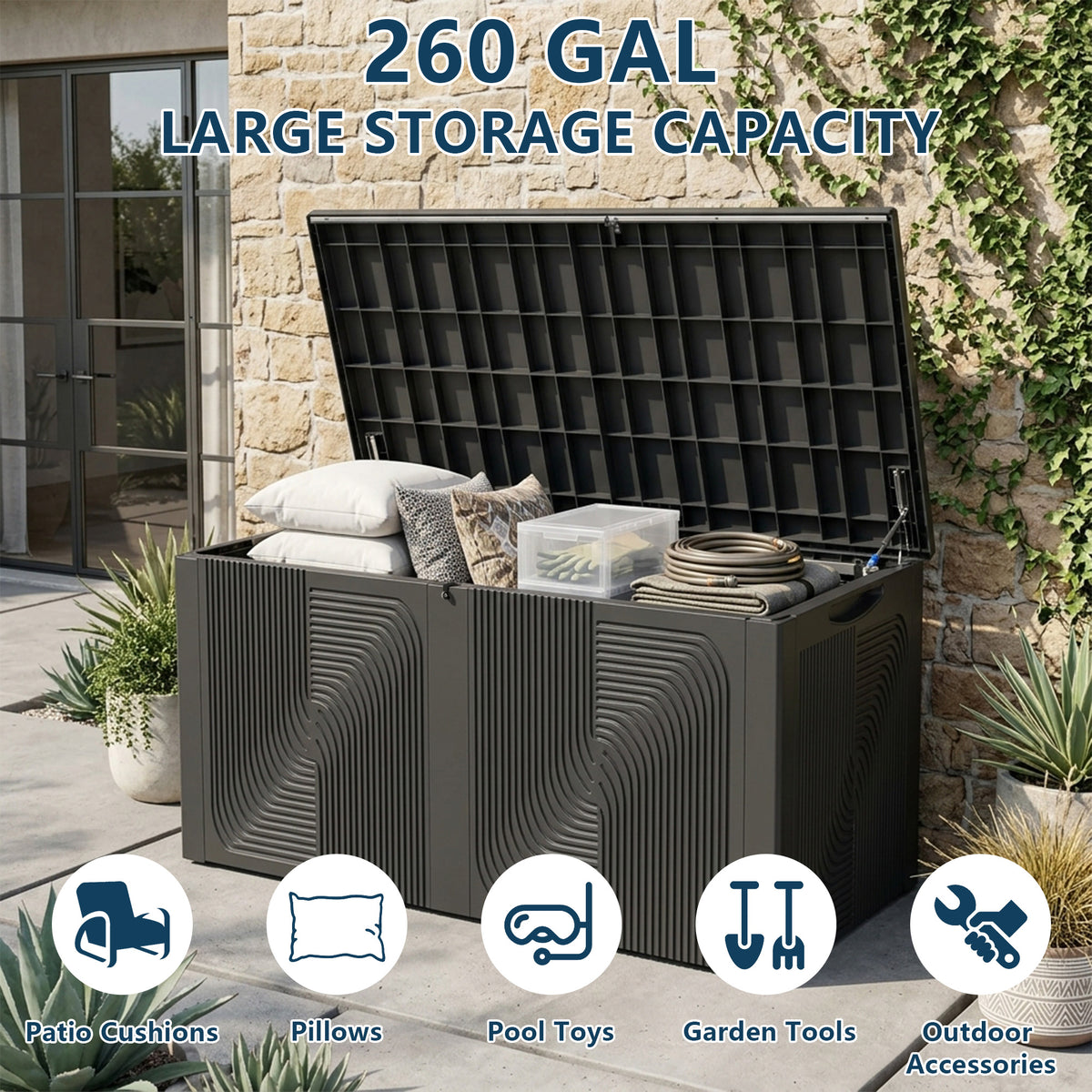 260 gallon outdoor storage box with spacious interior for patio cushions, pillows, pool toys, garden tools and outdoor supplies.