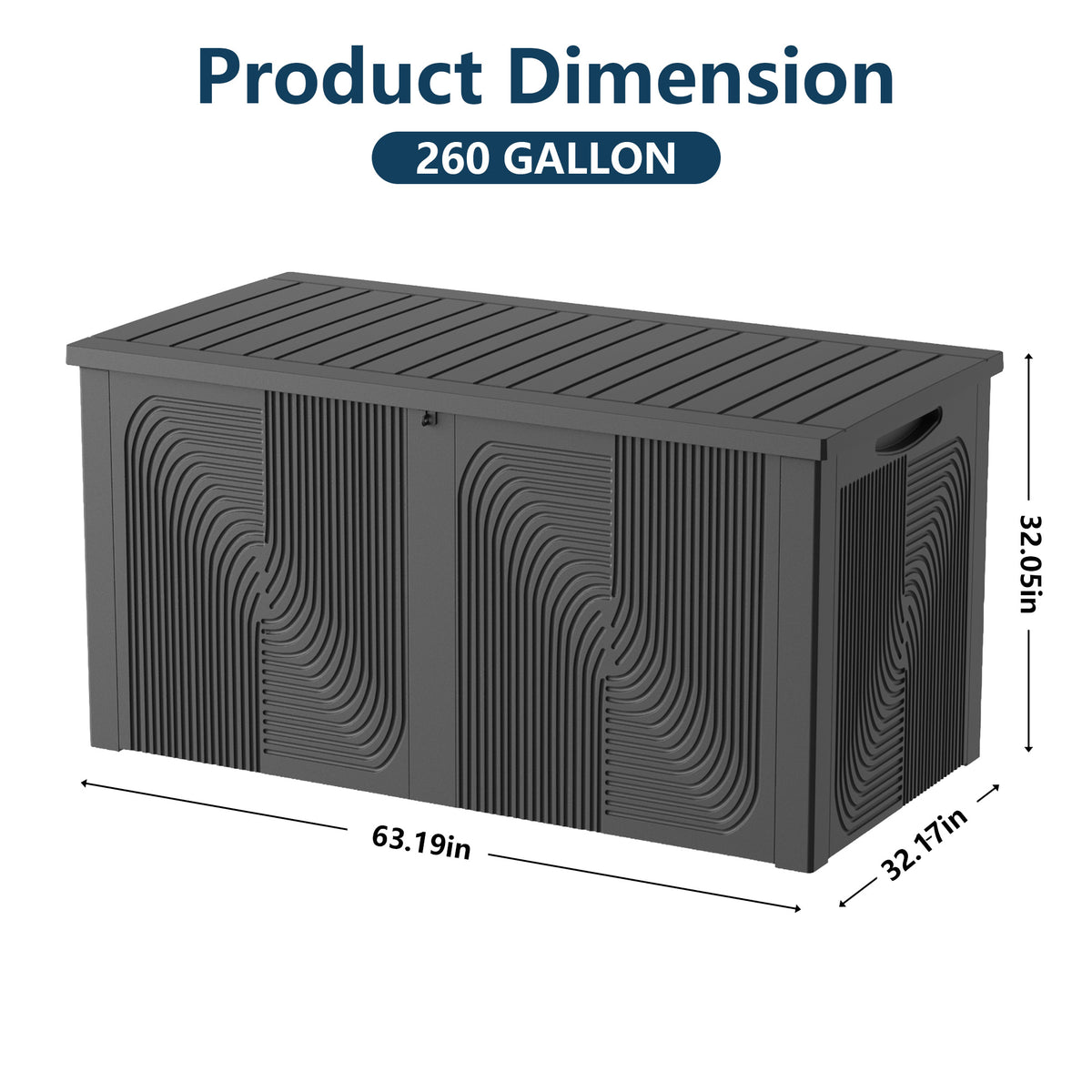 Black 260 gallon outdoor deck box dimension diagram showing 63.19-inch length, 32.17-inch width and 32.05-inch height.