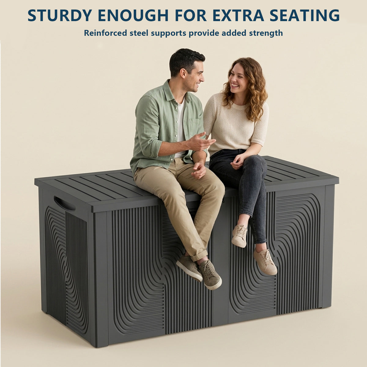 Black 260 gallon outdoor storage bench with reinforced steel supports and two adults seated on the lid.
