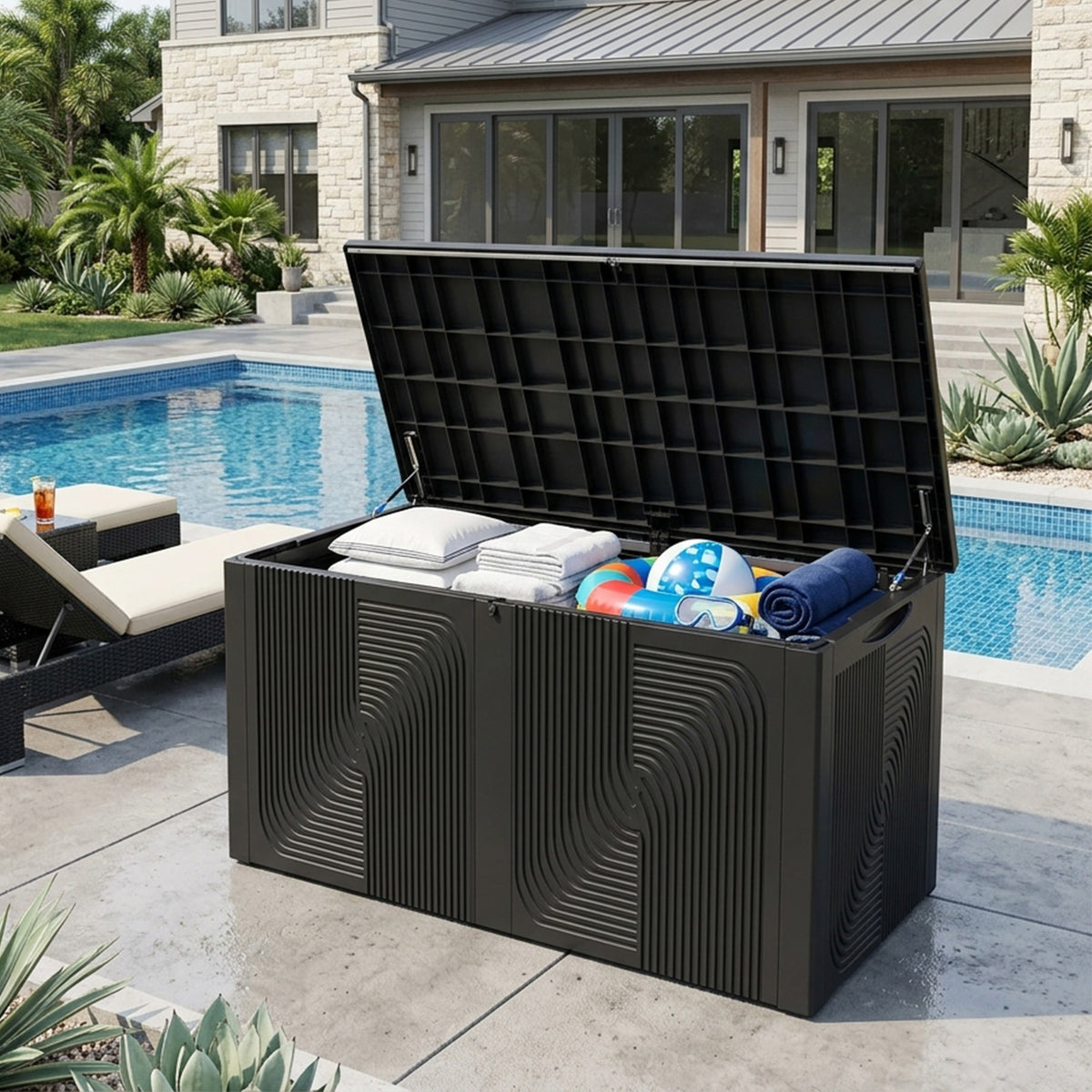 Yardgrace 260 gallon black deck box with open lid storing pool towels, cushions and swimming accessories beside a backyard pool.