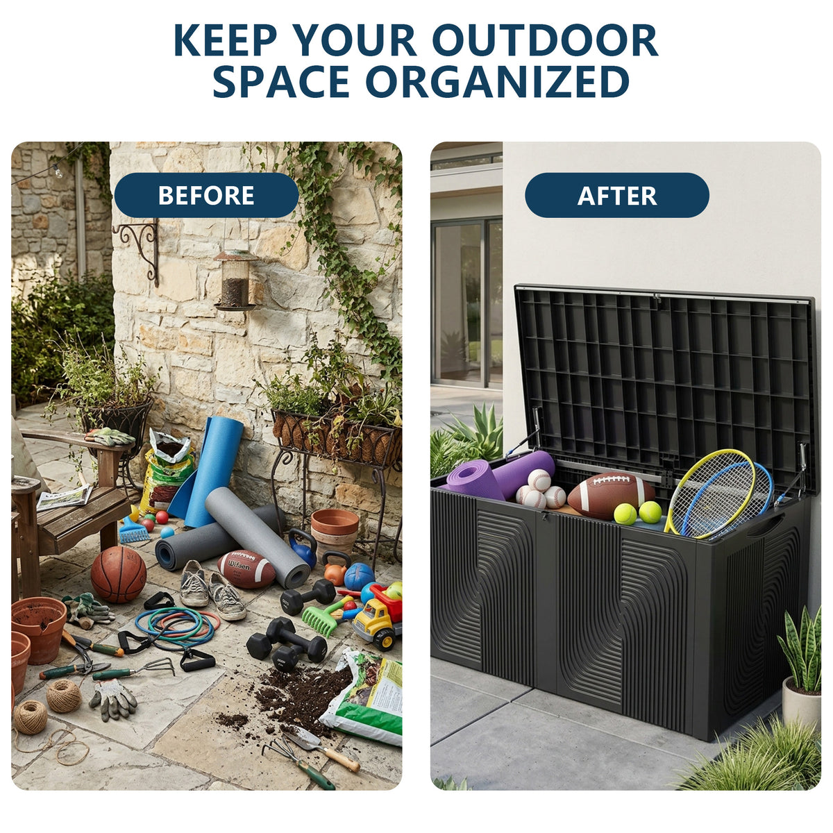 Before and after outdoor organization with a 260 gallon deck box for garden tools, sports equipment and outdoor accessories.