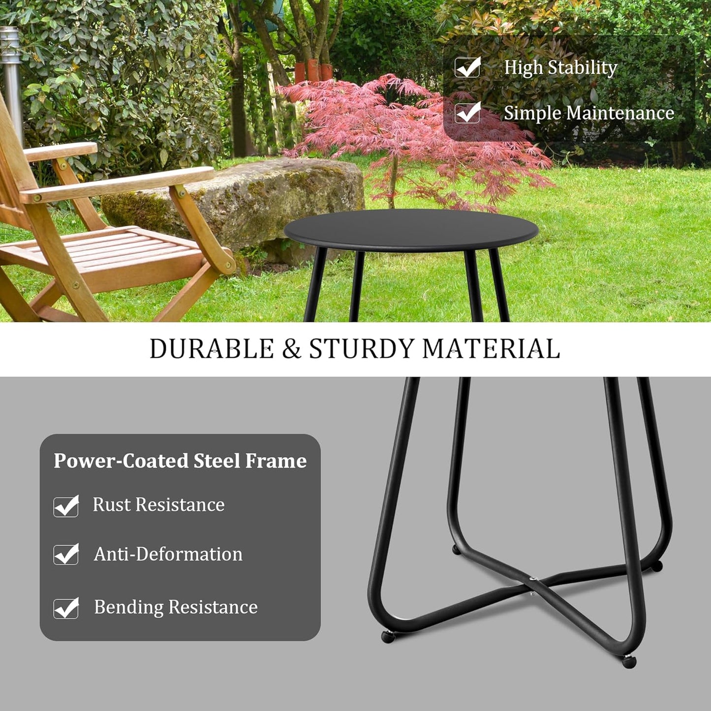 Patio Side Table Waterproof Round Metal Steel Weather Resistant Portable Outdoor and Indoor End Table for Garden Balcony Yard