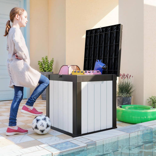 50 Gallon Outdoor Storage Box, Resin Deck Box, Waterproof , Lockable, UV-Resistant, Black & White