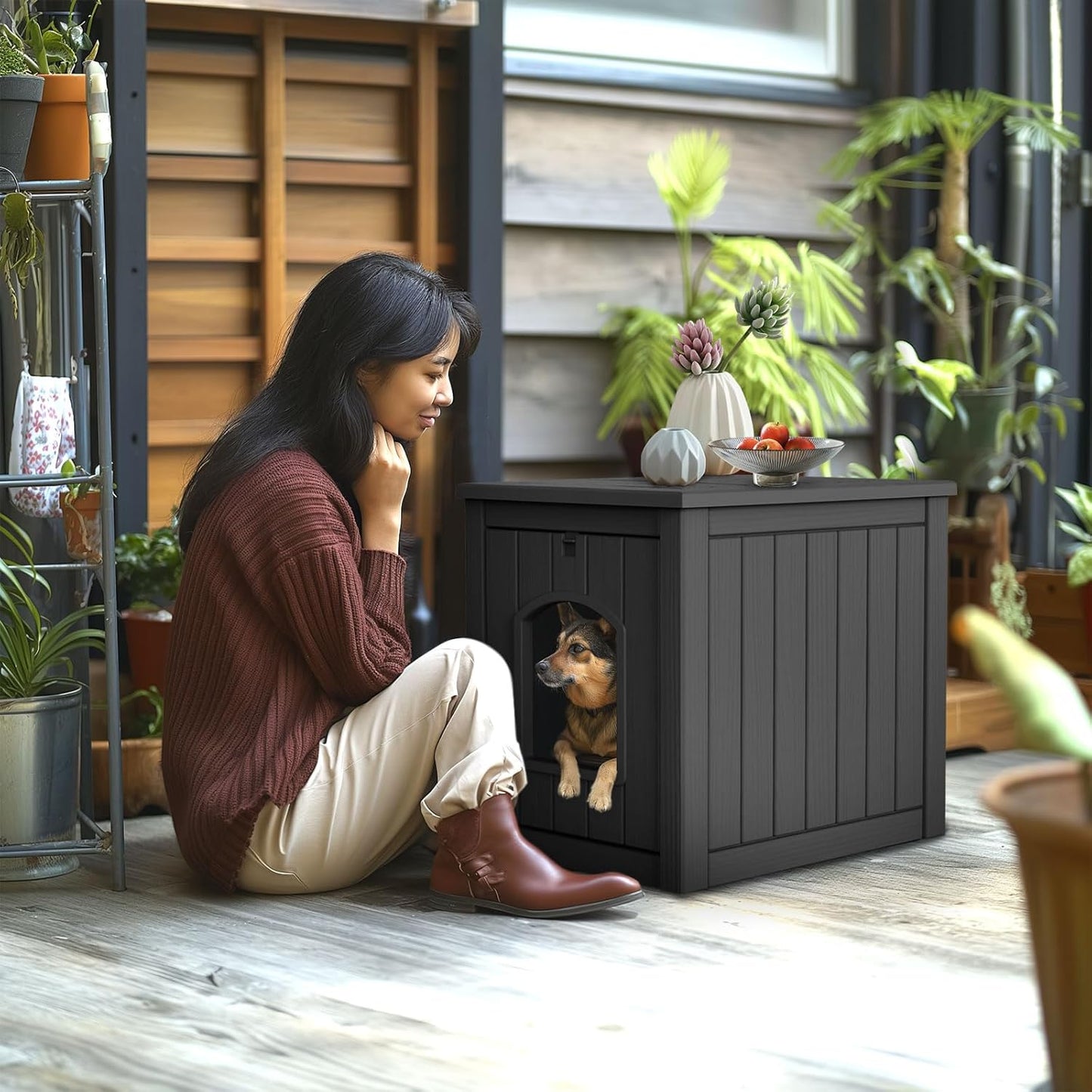 Yardgrace Outdoor Indoor Dog House,Resin Material Ventilate Waterproof Added to The Bottom,Multi-Functional Pet House for Small to Medium Dog(Black, Medium)