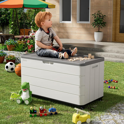 100GAL PRO Wheeled European Deck Box - Resin Mobile Outdoor Storage Box with Wheels - for Patio, Garage & Poolside, Easy assembly Organize - Lockable & Waterproof