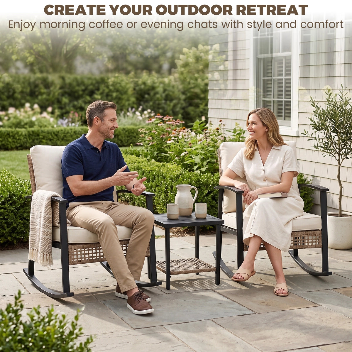 3-Piece Woven Rattan Rocking Chair Set