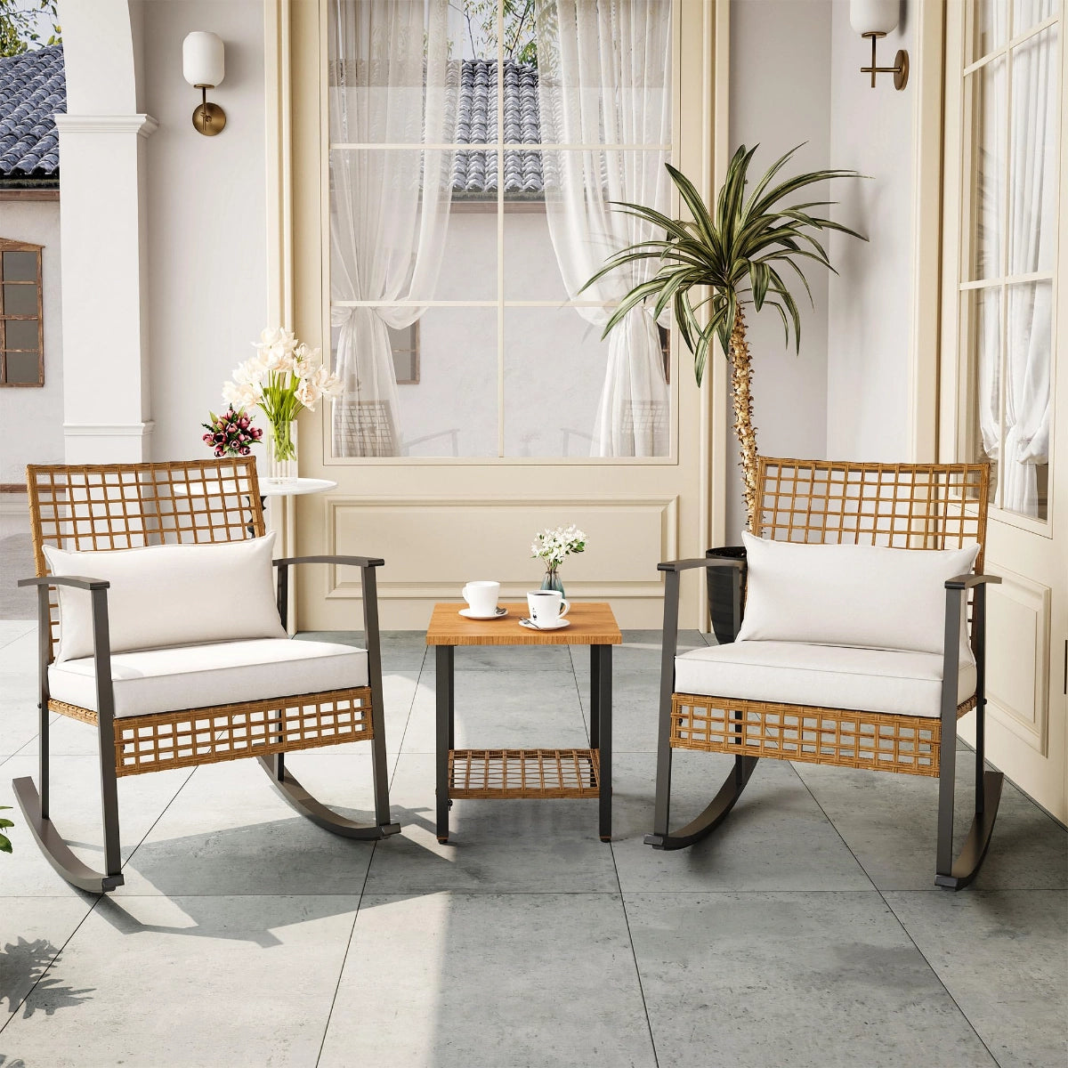 3-Piece Woven Rattan Rocking Chair Set