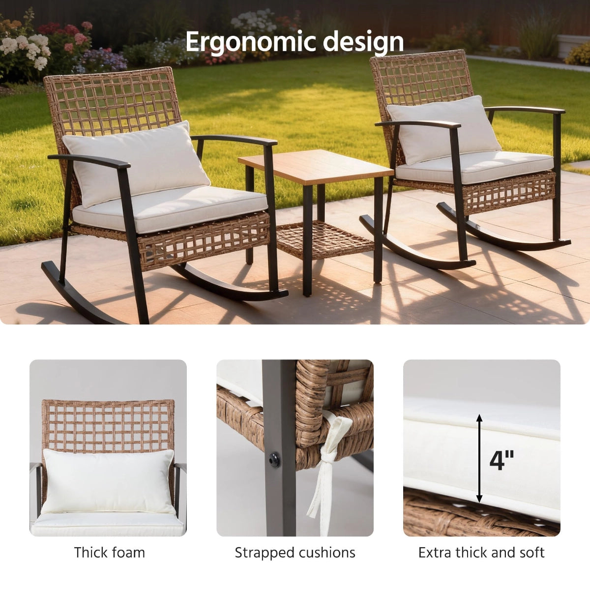 3-Piece Woven Rattan Rocking Chair Set