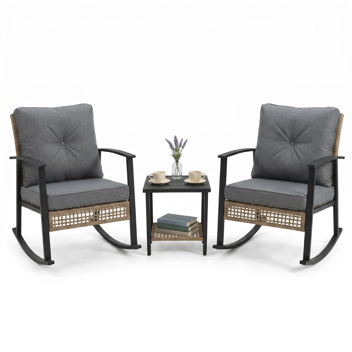 3-Piece Woven Rattan Rocking Chair Set