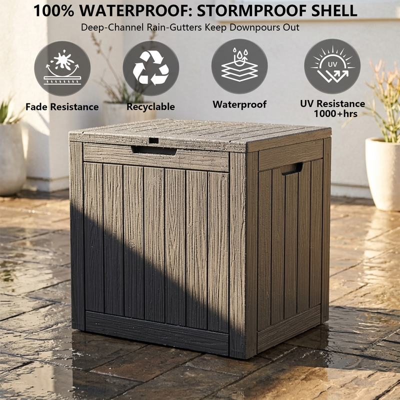 35 gallon black waterproof outdoor storage deck box with stormproof resin shell construction