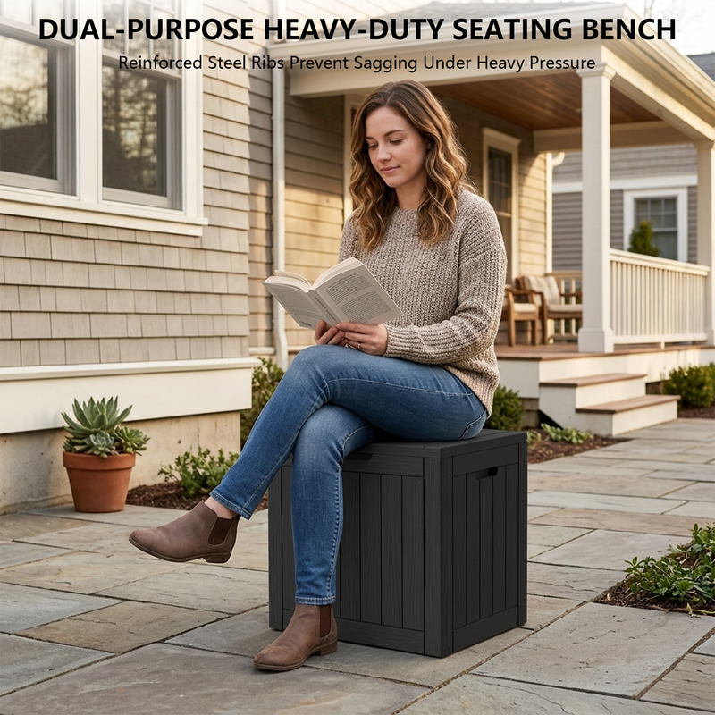 35 gallon black outdoor storage bench box with reinforced seat lid for patio seating and storage