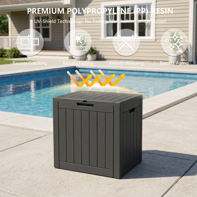 35 gallon black polypropylene resin deck box with waterproof, UV resistant and weatherproof design