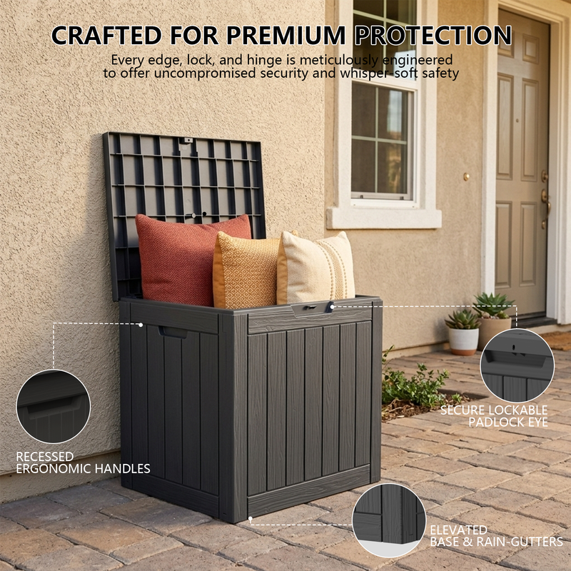 35 gallon black resin deck box with over 90 degree opening lid for garden tools and outdoor supplies