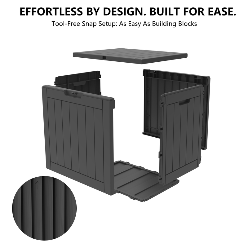 35 gallon black outdoor storage deck box assembly structure with modular resin panel design