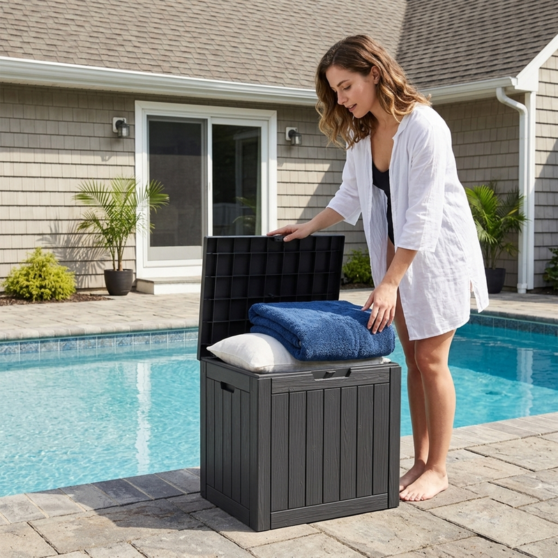 35 gallon black patio storage box beside pool for towels, cushions and outdoor accessories