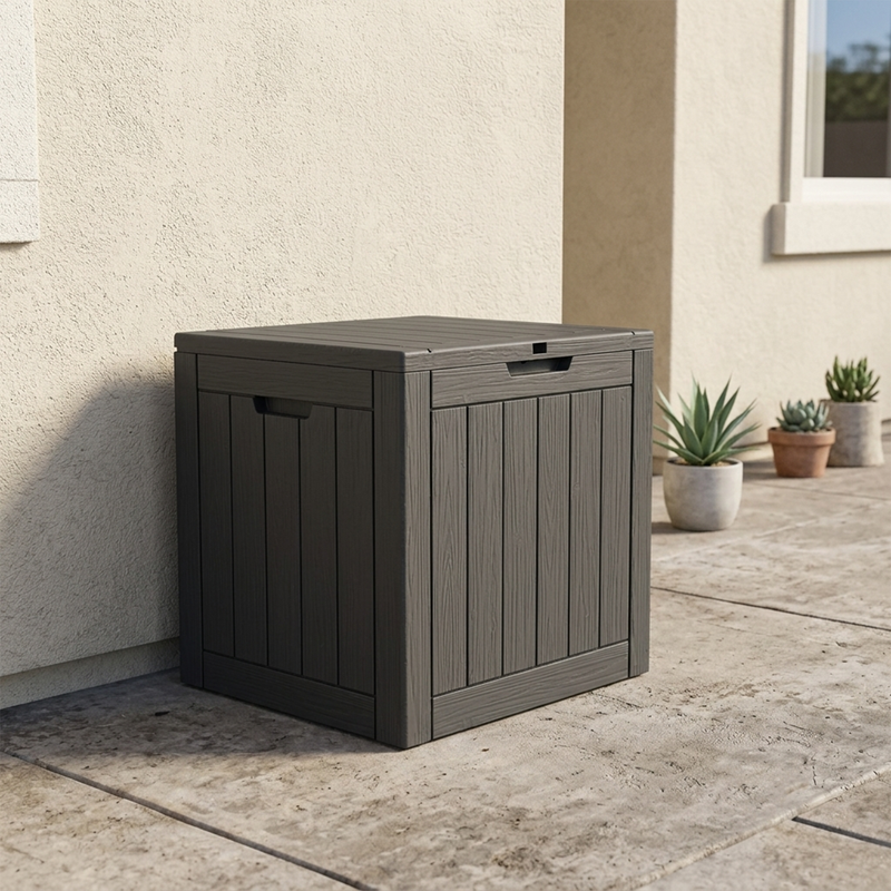 35 gallon black outdoor deck box placed near house wall for backyard organization