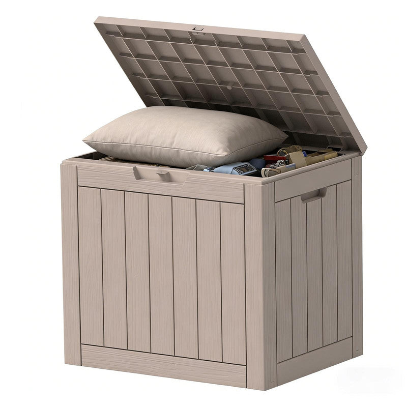 35 gallon light brown resin outdoor storage deck box for patio, garden and backyard organization