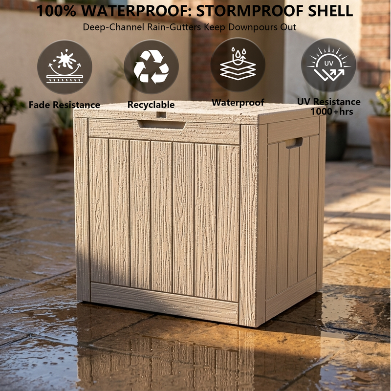 35 gallon light brown waterproof outdoor storage deck box with stormproof resin shell design