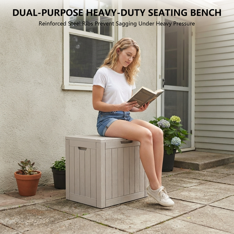 35 gallon light brown outdoor storage bench box with reinforced seat lid for patio seating