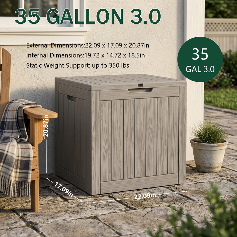 35 gallon light brown outdoor storage box dimensions with resin deck box specification details