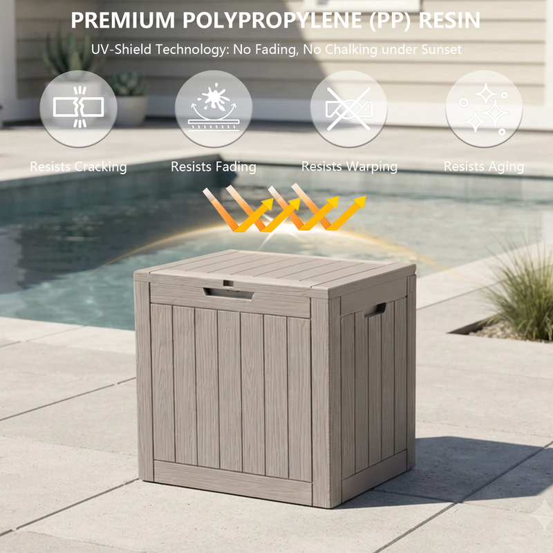 35 gallon light brown polypropylene resin deck box with waterproof and UV resistant features