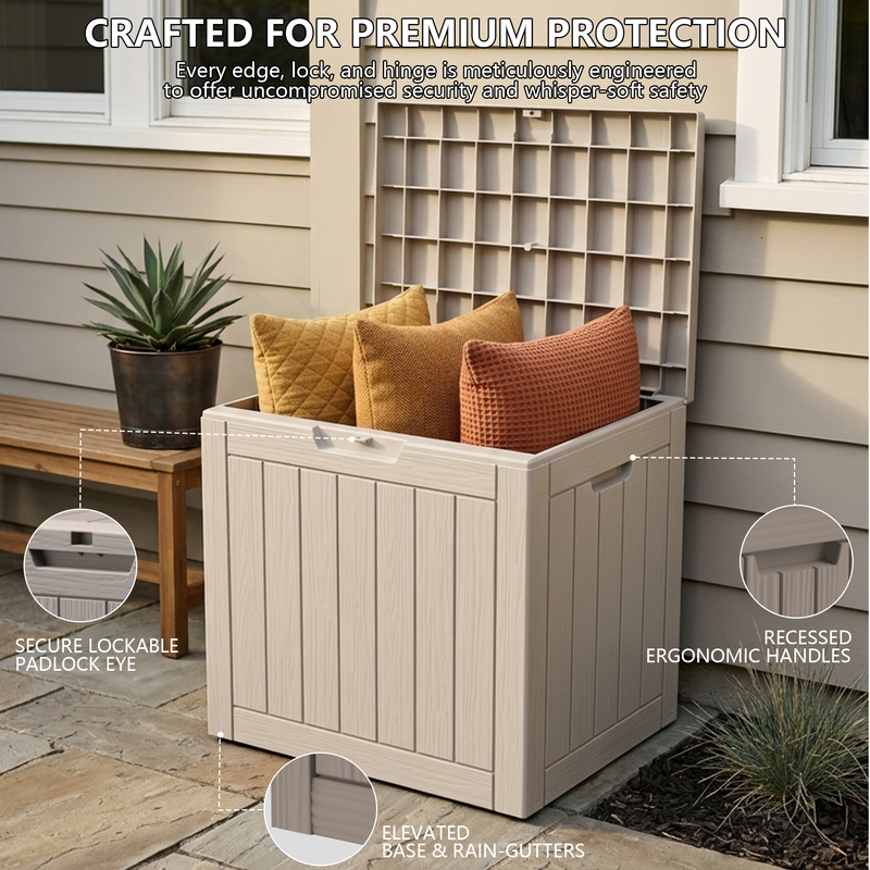 35 gallon light brown polypropylene resin deck box with waterproof and UV resistant features