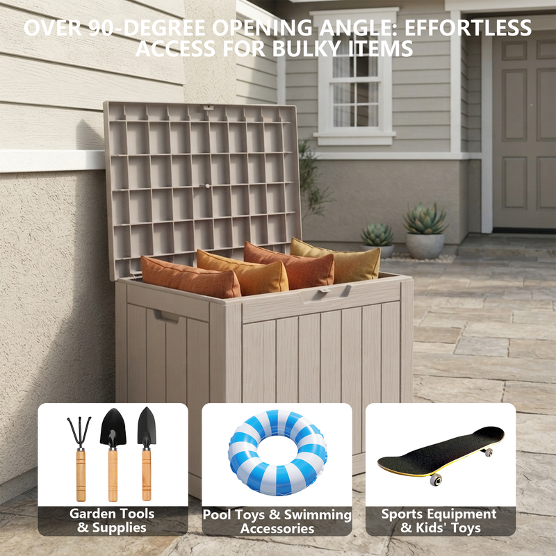 35 gallon light brown outdoor storage box with soft close hydraulic struts and lockable lid