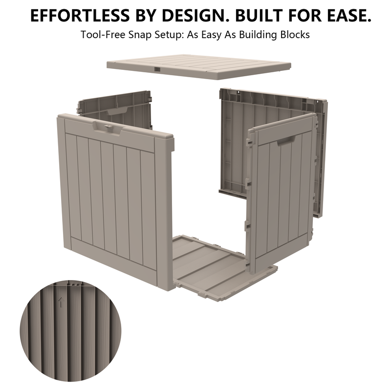35 gallon light brown outdoor storage box assembly structure with modular resin panel design