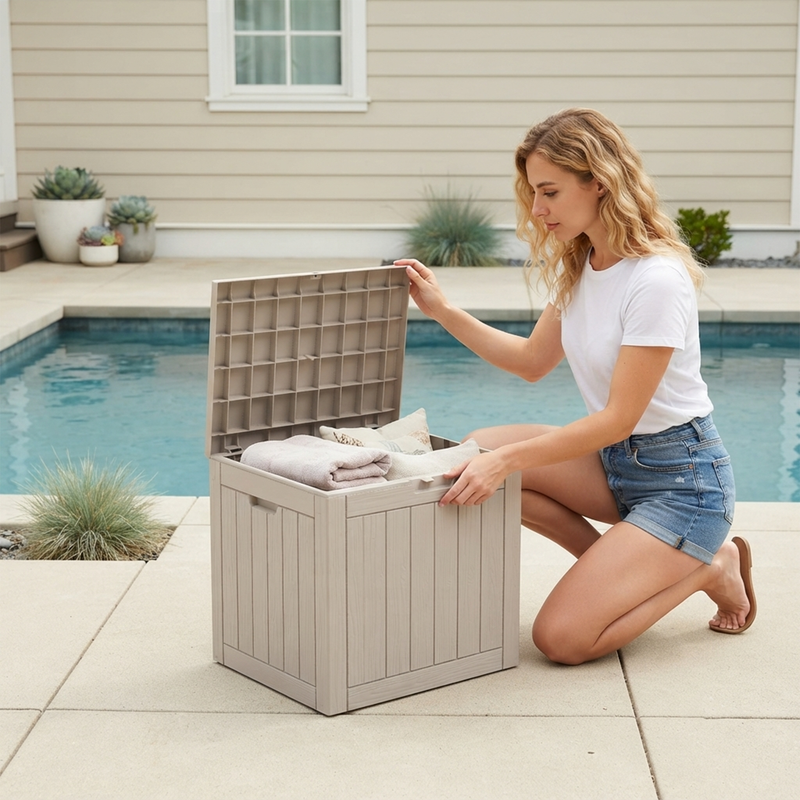 35 gallon light brown patio storage deck box beside pool for towels and outdoor accessories
