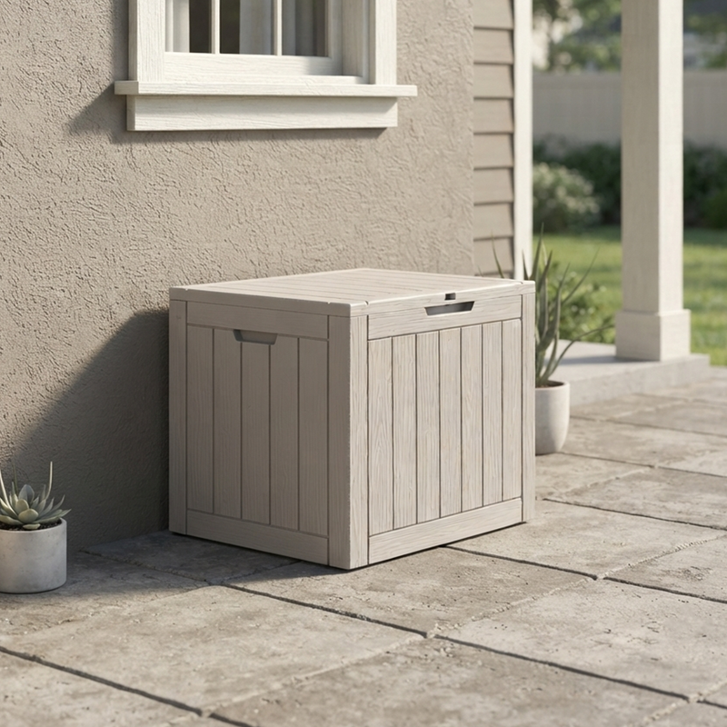 35 gallon light brown outdoor deck box placed near house wall for backyard organization