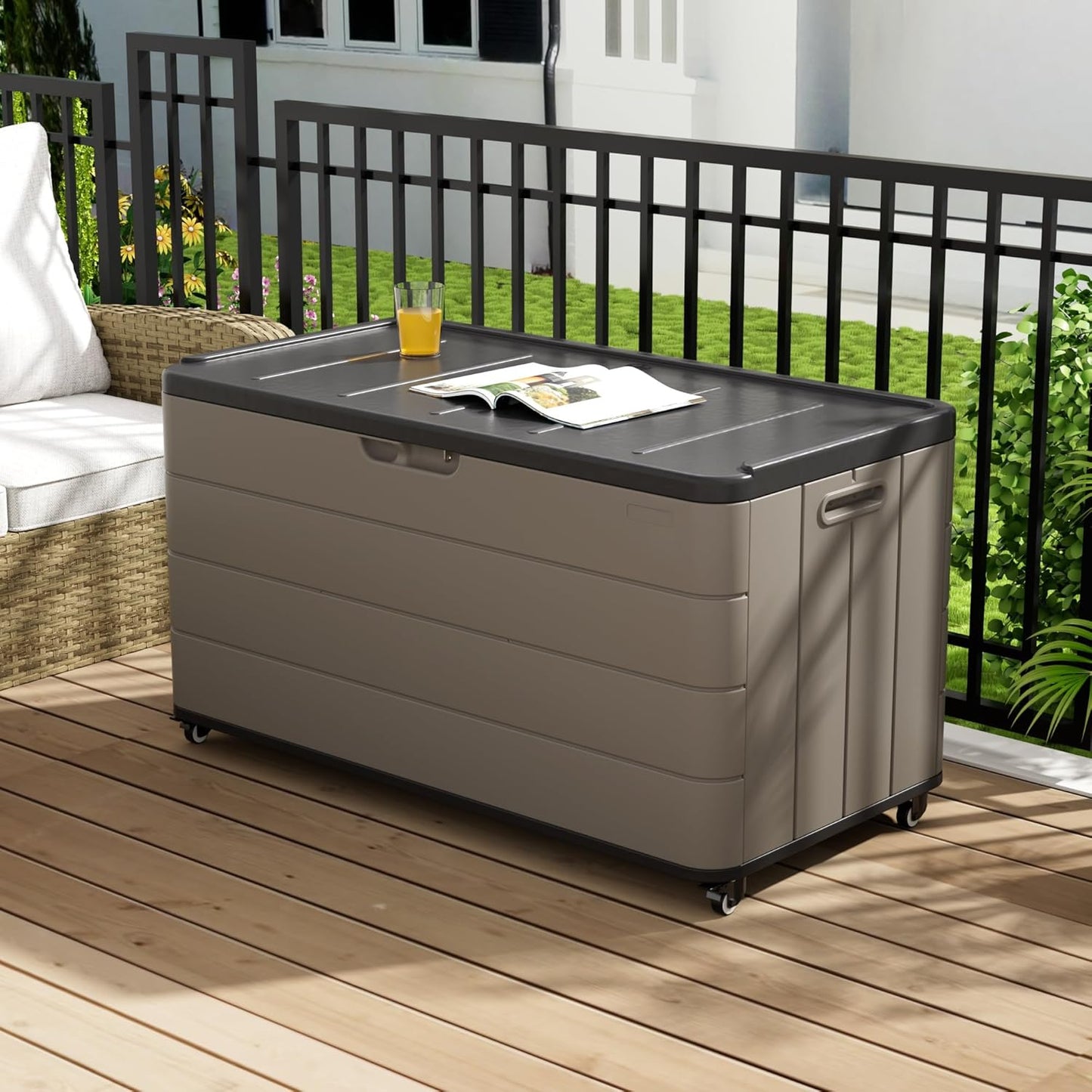 100GAL PRO Wheeled European Deck Box - Resin Mobile Outdoor Storage Box with Wheels - for Patio, Garage & Poolside, Easy assembly Organize - Lockable & Waterproof