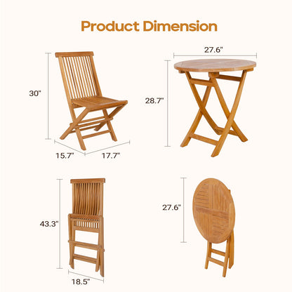 Yardgrace 3-Piece Patio Bistro Set, Solid Grade-A Teakwood Folding Bistro Chairs Set of 2, Weather-Resistant Coffee Table Set, Bistro Set for Lawn Balcony Porch Garden Backyard Pool